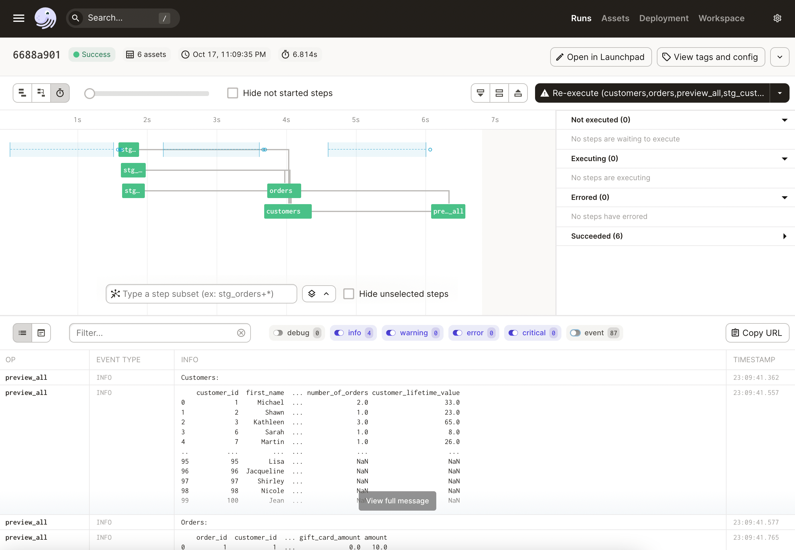 Dagit - Dagster's ui - with run details.